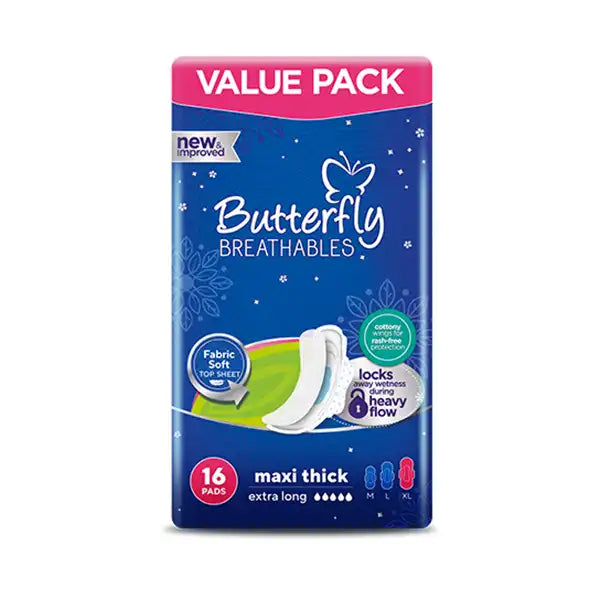 Butterfly Breathables Maxi Thick Fabric Soft Sanitary Pads Extra Long Value Pack 16Pcs
