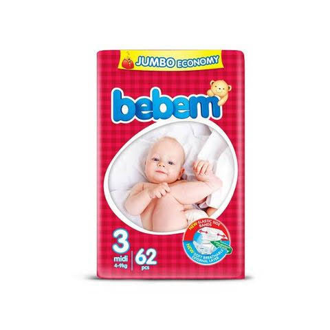 Bebem Baby Diapers Jumbo Midi Size 3 (4-9 kg) 62 Pieces